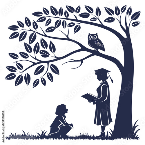 Wise owl watches over graduating student sharing knowledge with a younger child under a tree