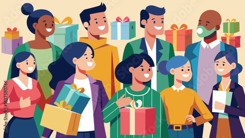 Group of diverse people holding gifts and celebrating a special occasion with a masked individual