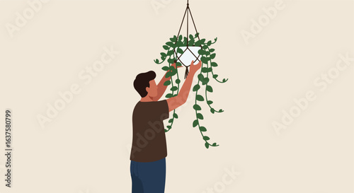 Person admiring houseplant with dark green leaves in a white macrame pot hanging above