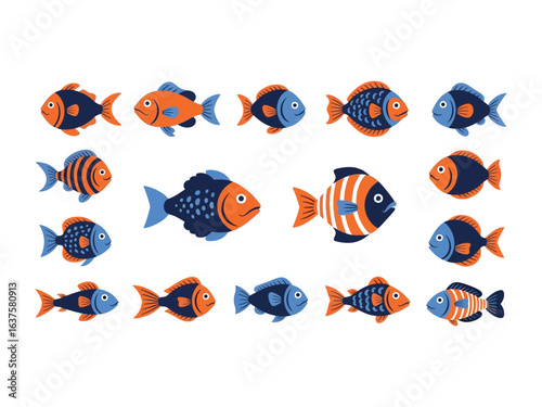 Aquatic Artistry: A vibrant school of illustrated fish swim through a captivating underwater world, rendered in a flat design, a testament to marine beauty.