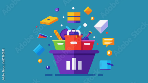 Colorful shopping basket filled with various items and shapes floating around on a blue background