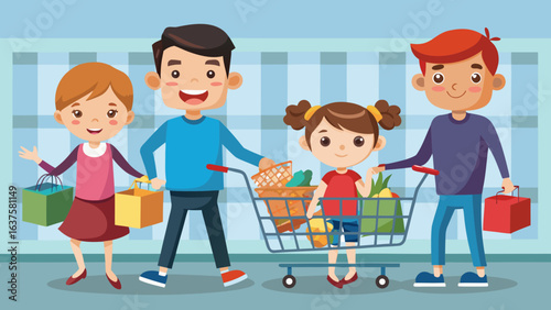 Cartoon family shopping with two parents and two children pushing shopping carts and holding bags