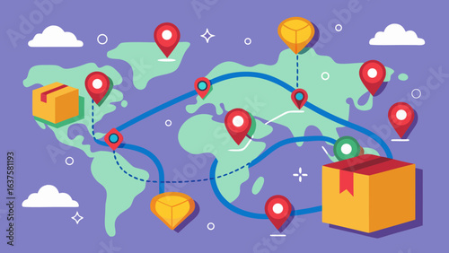 Illustration of global logistics network with packages and location pins on a world map design