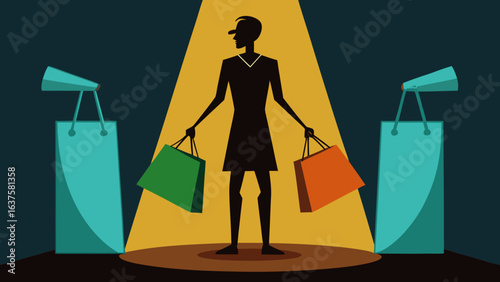 Silhouette woman holding shopping bags in spotlight with additional shopping bags on either side of her