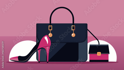 Illustration of a pink and black high heel shoe next to two handbags on a pink background color scheme