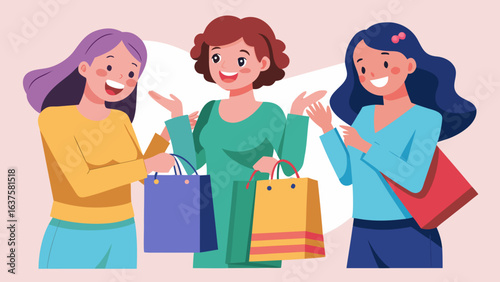 Three happy women with shopping bags are smiling and gesturing after a successful shopping trip