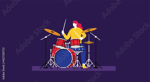 Woman plays drum. Colorful drums and gold symbols. Yellow shirt, red hair, blue pants
