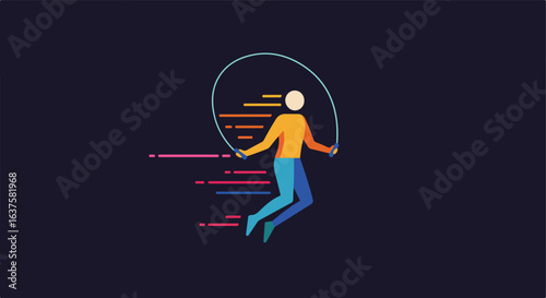 Geometric person skips rope, colorful lines illustrate movement on dark background