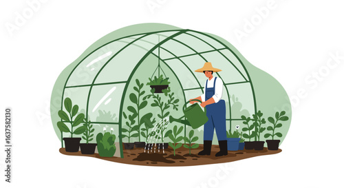 Cultivation Person watering plants in a greenhouse, wearing overalls and a straw hat