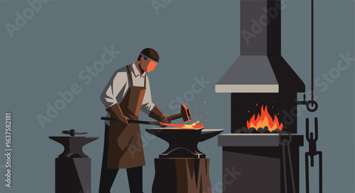 Smith works hot metal with hammer and forge