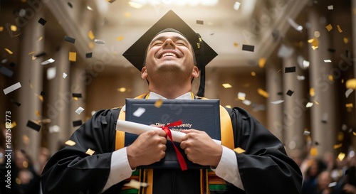 Joyful Graduate Celebrating Achievement with Diploma and Confetti
