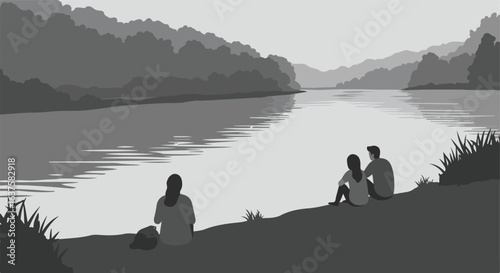 People enjoy a serene monochrome landscape by the water, with mountains