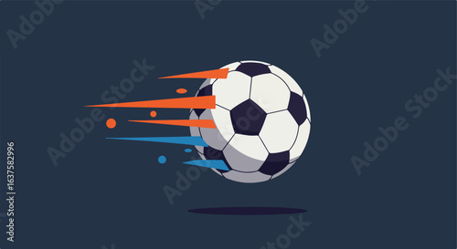 A soccer ball graphic with orange and blue streaks, suggesting rapid movement