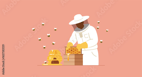 Beekeeper at hive with bees. Honeycomb full of honey. Flat design style