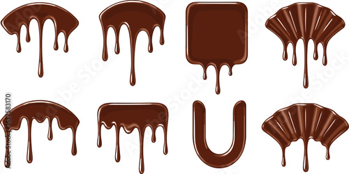 Dripping chocolate shapes vector set, sweet liquid chocolate design, glossy cocoa syrup elements, dessert topping illustrations, melting chocolate drip clipart collection