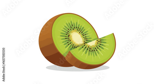 A halved kiwi fruit and wedge, revealing the juicy green flesh and tiny black seeds