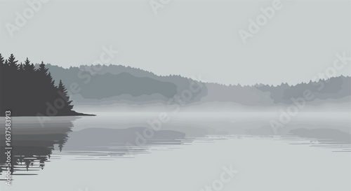 Muted landscape of water, trees, and distant hills under a gray, overcast sky
