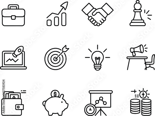 Set of business and finance line icons related to strategy growth and management perfect for infographics and marketing materials