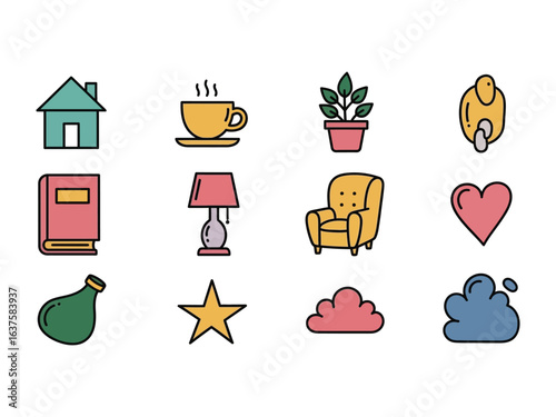Illustrated Icon Set: A vibrant assortment of illustrated icons, each representing a unique element of everyday life, meticulously crafted with clean lines and playful colors.