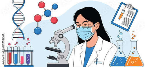 Female scientist wearing mask working with microscope, DNA strand and molecule structure, colorful test tubes and flasks, laboratory research, medical science, chemistry illustration