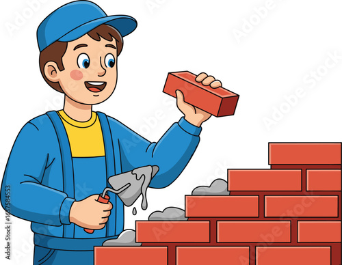 Cartoon bricklayer, construction worker laying bricks, builder with trowel and brick, masonry work, construction site, vector illustration, flat CAD drawing