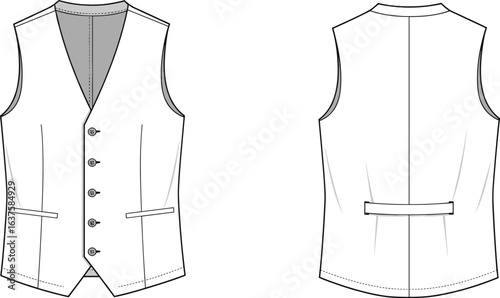 Vector CAD technical flat sketch of men’s tailored waistcoat with front buttons, welt pockets, back belt, and dart seams.