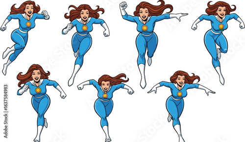Flying female superhero cartoon, action pose, comic heroine art, blue costume superwoman, powerful woman character, superhero vector illustration