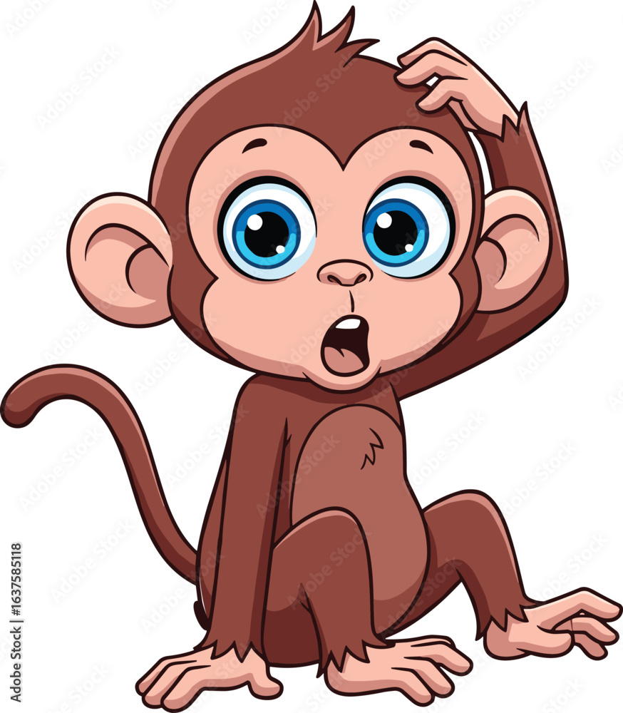 Obraz premium Cartoon monkey with big blue eyes, surprised expression, sitting pose with hand on head, vector illustration, flat design, CAD drawing artwork