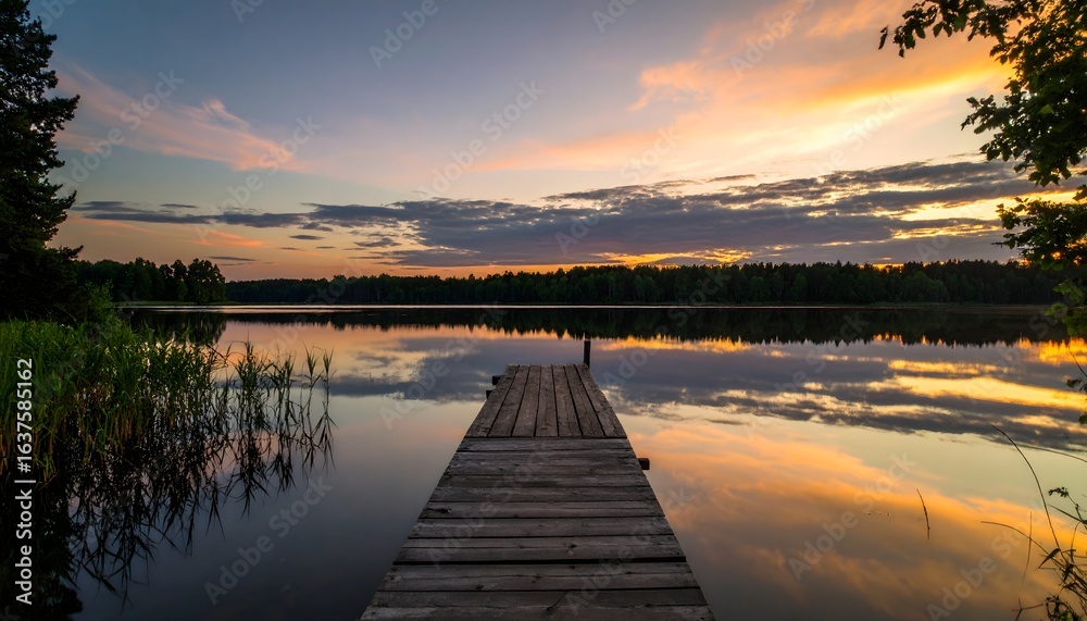 Fototapeta premium Lake sunset dock landscape photography serene water reflection peaceful nature scene view