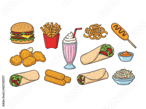 Culinary Feast: A vibrant collection of assorted, tempting fast food items displayed in a mouthwatering arrangement