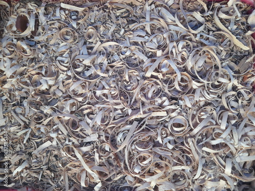 A loosely gathered pile of wood shavings is shown, made up of thin, curled pieces in light beige and tan tones