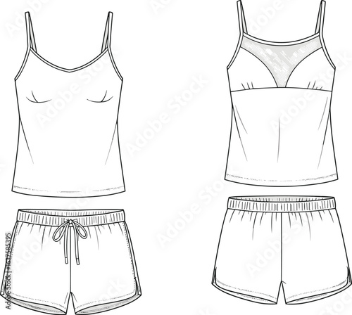 Vector CAD technical flat drawing of women’s pajama set featuring camisole top with lace yoke and elastic waist shorts.