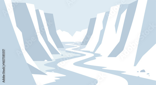 Frozen Canyon Snowy mountains and a winding river in a chilly light blue canyon