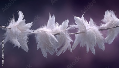 Delicate white feathers strung on a wire,  soft focus,  purple background