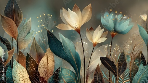 A visually striking and captivating image showcasing an ethereal floral composition with delicate vibrant blooms set against a serene mystical backdrop of lush verdant foliage and soft