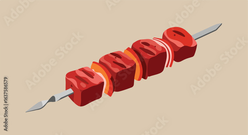 Skewer with cubes of meat and slices of onions on a metal stick over beige background