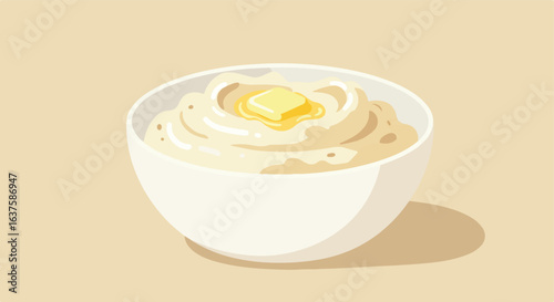 Creamy mashed potatoes with melting butter, served in a simple white bowl