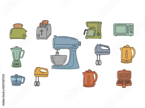 Array of Kitchen Gadgets: A delightful array of kitchen tools, from toasters to blenders, presented in a charming hand-drawn style, evoking a sense of warmth and culinary creativity.