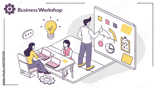 Business Workshop Illustration Depicting Presentation and Collaboration.