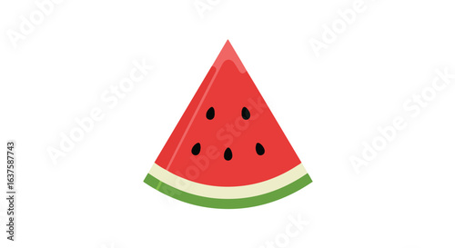 Watermelon slice. Red flesh and black seeds, rind in green, on white