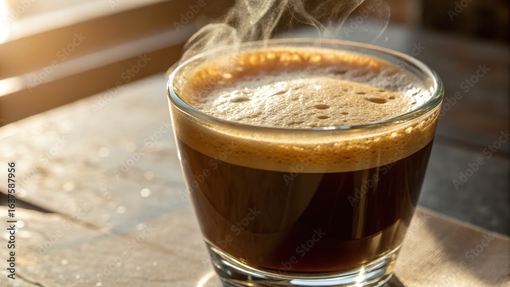 Freshly Brewed Coffee with Steam Rising in Glass Cup Freshly Brewed Coffee with Steam Rising in Glass Cup