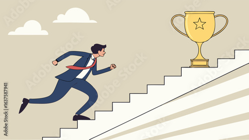Businessman Running Up Stairs Towards a Golden Trophy.