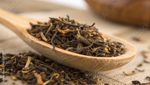 Herbal Tea Blend on Wooden Spoon with Natural Background Elements