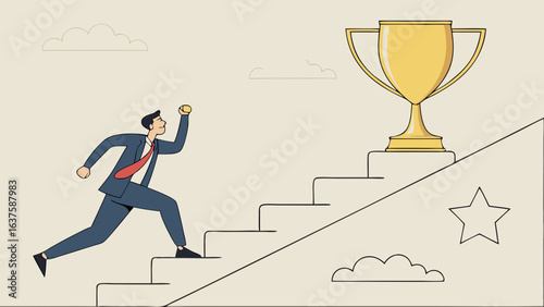 Businessman Running Up Stairs Towards a Trophy.