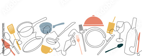 Cooking Border. One Line Drawing style. Kitchen Utensils style. Restaurant Design Poster. Vector illustration.