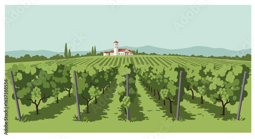 Tuscan Vineyards Rows of verdant grapevines lead to a villa on rolling hills under pale skies