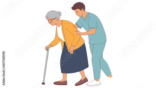 Caregiver assisting elderly woman with walking stick providing support.