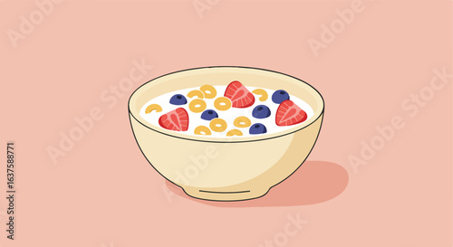 Breakfast bowl with cereal, milk, strawberries, and blueberries