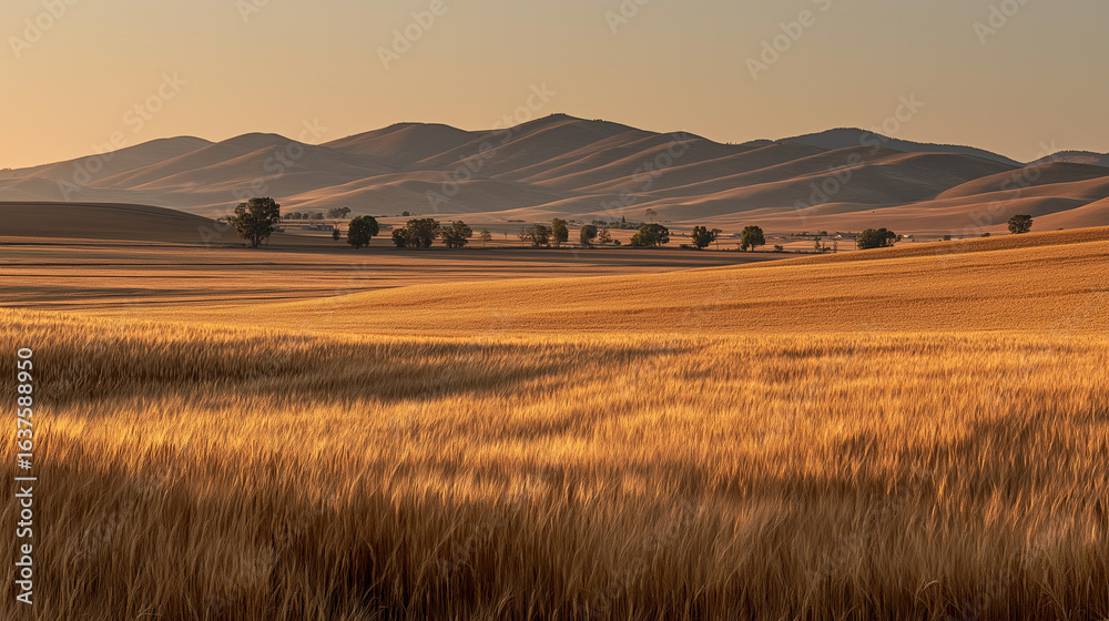 Obraz premium wide view of golden wheat fields stretching toward layered hills at sunset, amber sky tones and soft natural lighting, serene rural landscape on white background 
