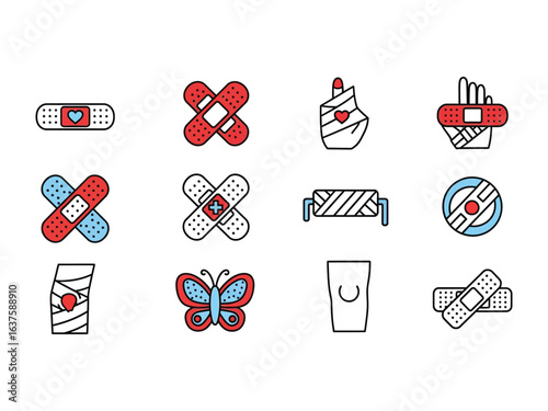 Variety of Adhesive Bandages Icons: A comprehensive collection of colorful adhesive bandages, each carefully designed to represent different injuries.